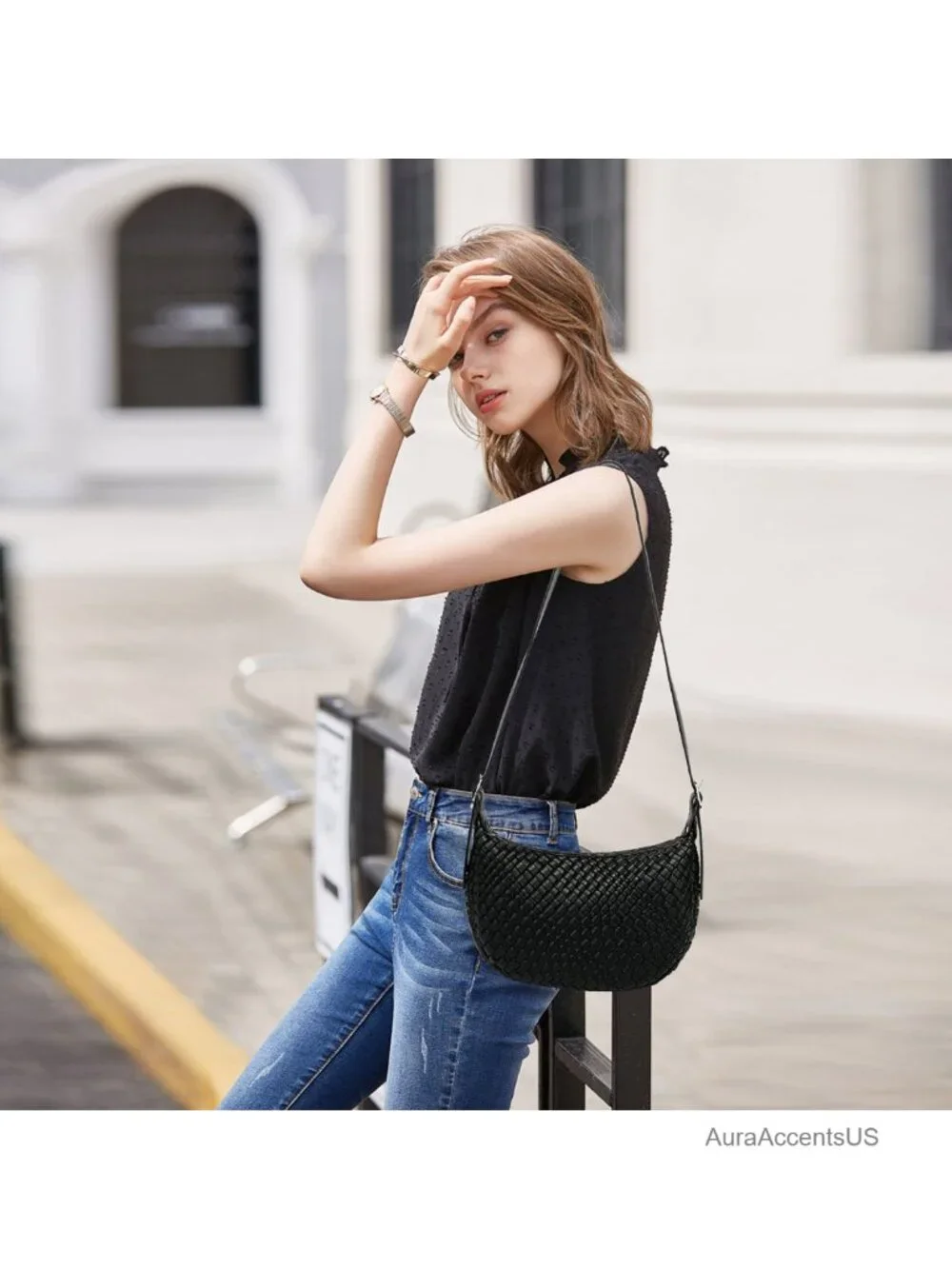 Woven Crescent Crossbody Bag Vegan Leather Shoulder Bag